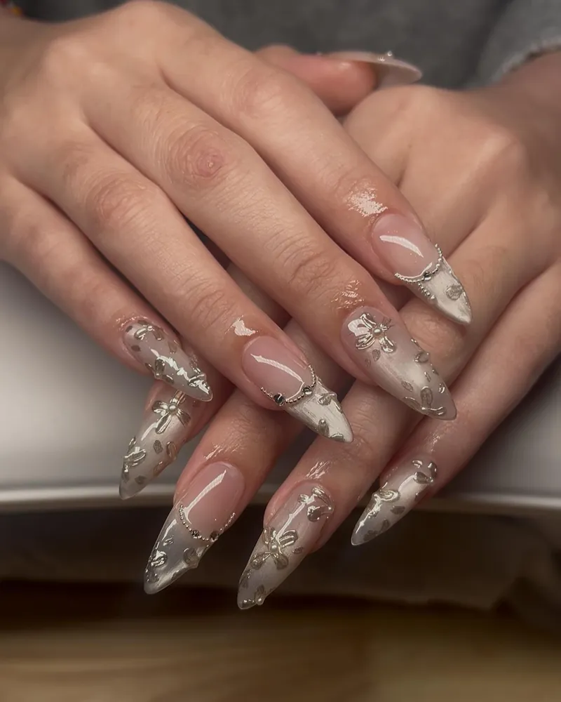 Clear stilettos with silver chrome flowers