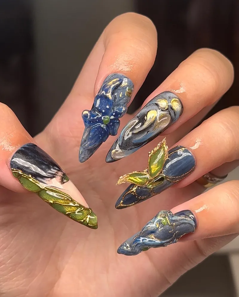 Blue marble stilettos with gold and green chrome swirls
